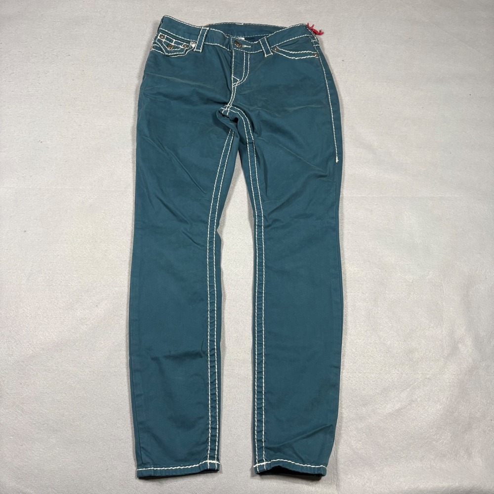 True Religion Super Skinny Teal Blue Big T White Contrast Stitch Jeans 27